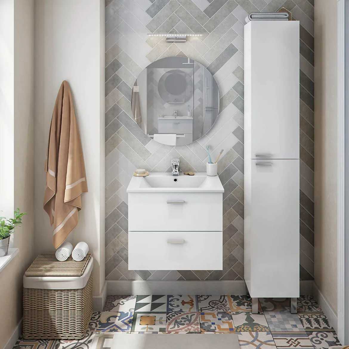 Mobile Colonna Bianco Lucido Marrone Rovere 3 Ripiani 2 Ante 30x25x182h cm, Reversibile - Trogir