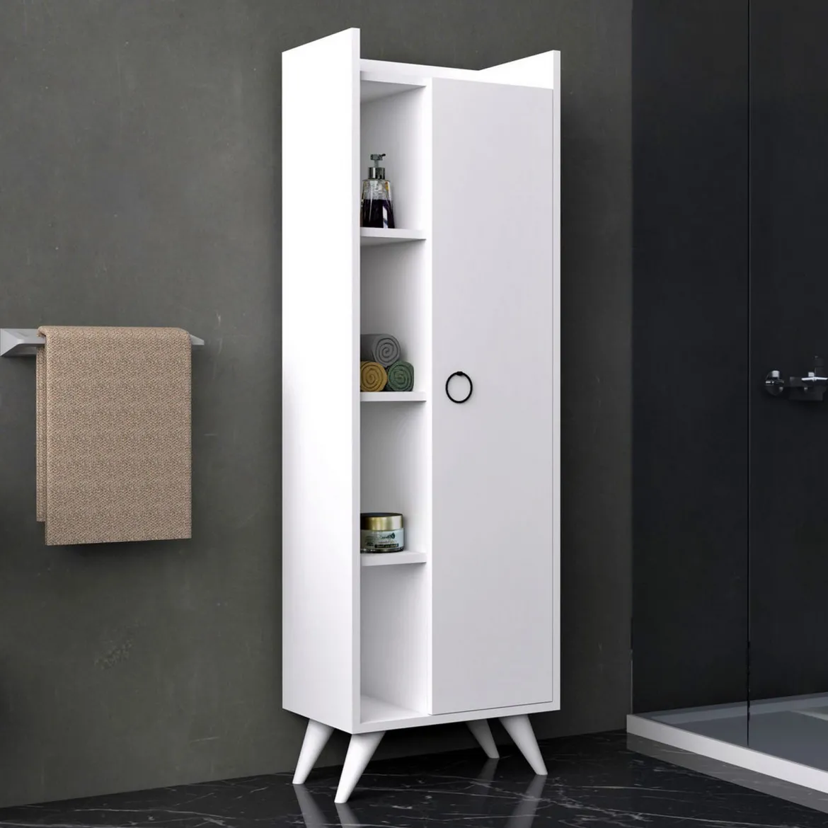 Mobile Colonna Bianco 3 Ripiani Un'anta 50x32x140h cm, 4 Vani - Forchia