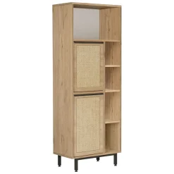 Mobile Colonna Marrone Rovere 7 Ripiani 2 Ante 60x36x162h cm, Ante Effetto Paglia di Vienna - Civate