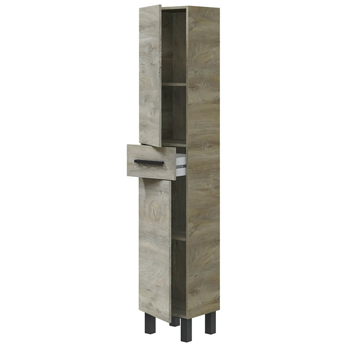 Mobile Colonna Marrone Rovere Nero Antracite 3 Ripiani Un'anta 162x34x38h cm, 4 Vani - Sabaudia