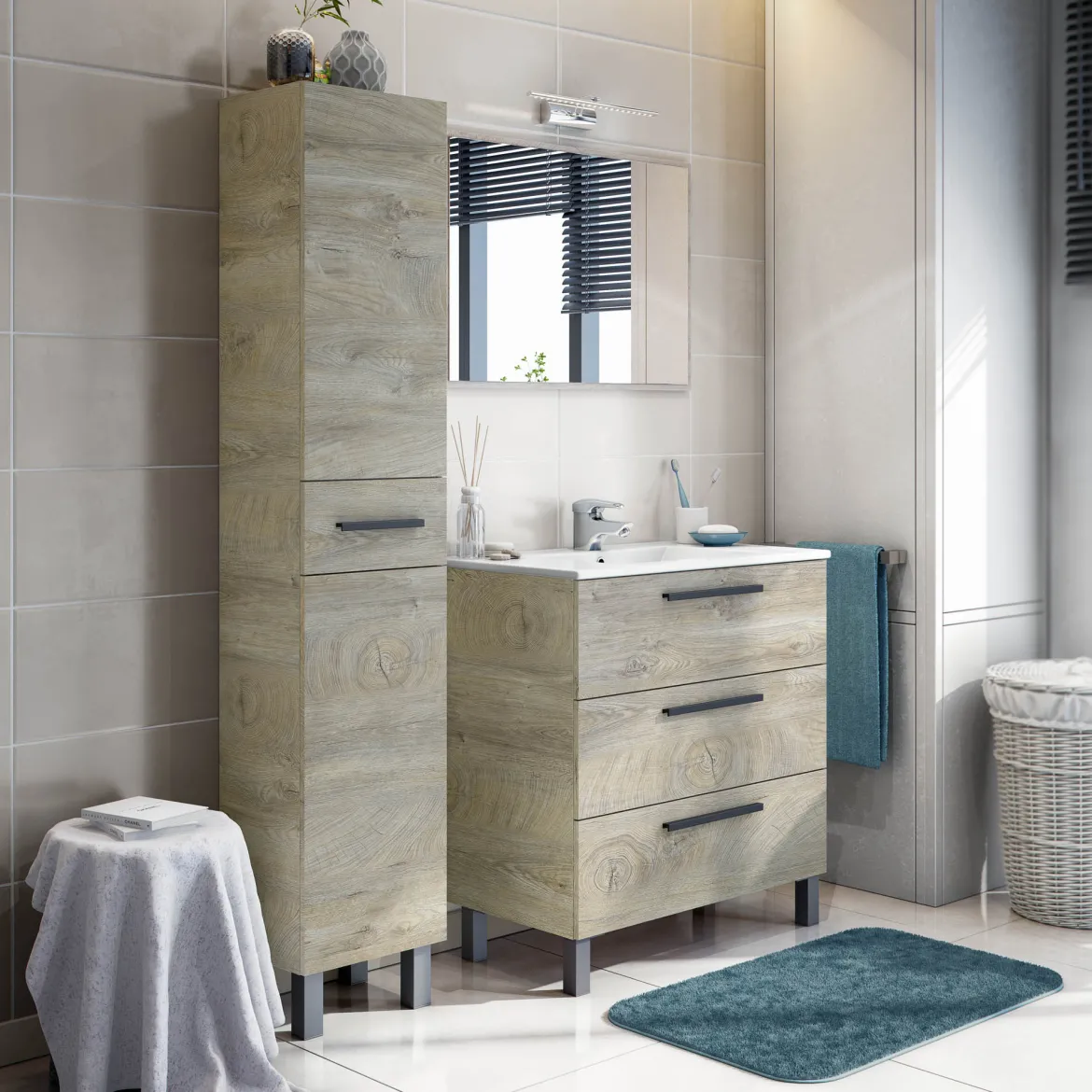 Mobile Colonna Marrone Rovere Nero Antracite 3 Ripiani Un'anta 162x34x38h cm, 4 Vani - Sabaudia