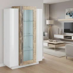 Mobile con vetrina 3 ante salotto 80x38x121h cm bianco lucido e acero - Ablaze