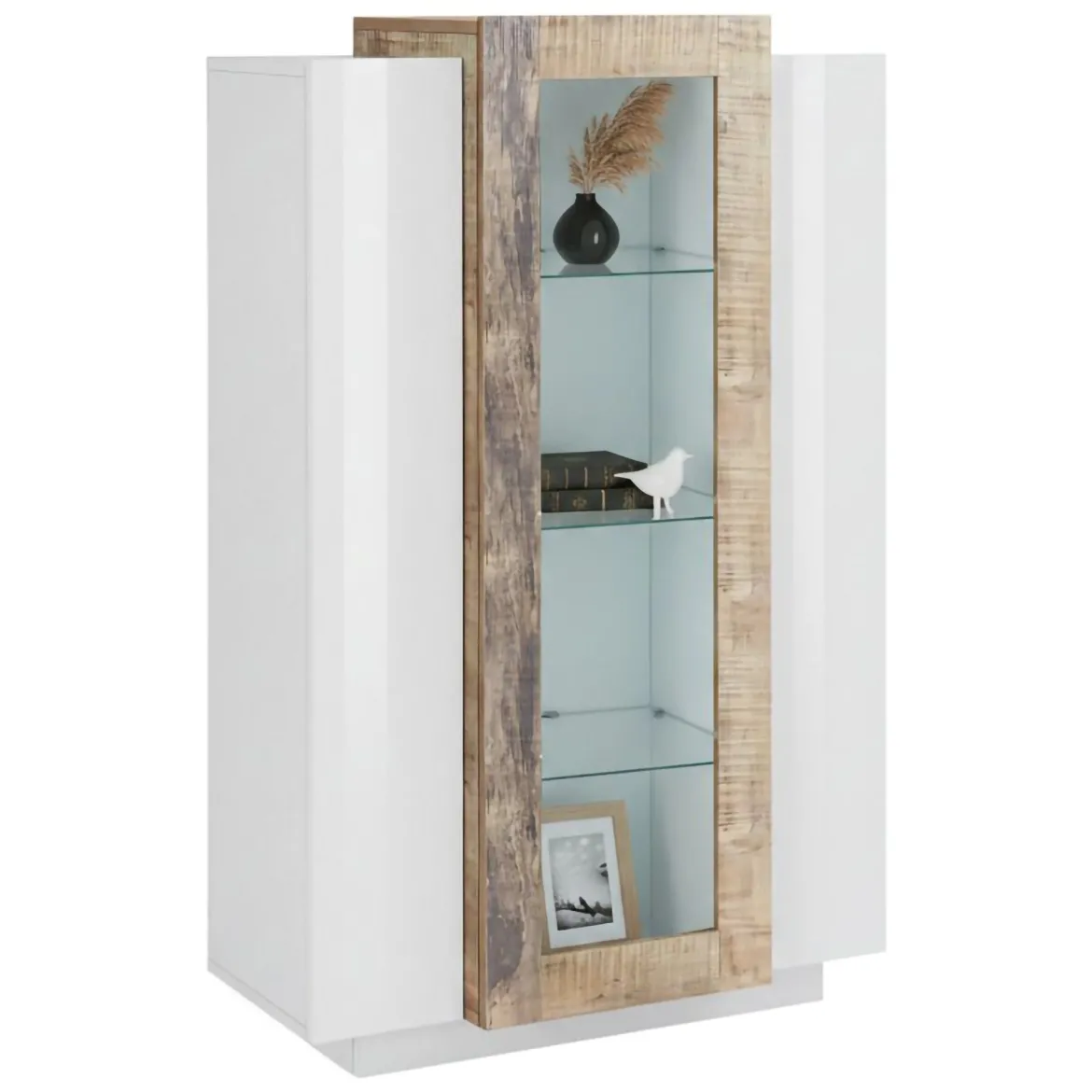 Mobile con vetrina 3 ante salotto 80x38x121h cm bianco lucido e acero - Ablaze