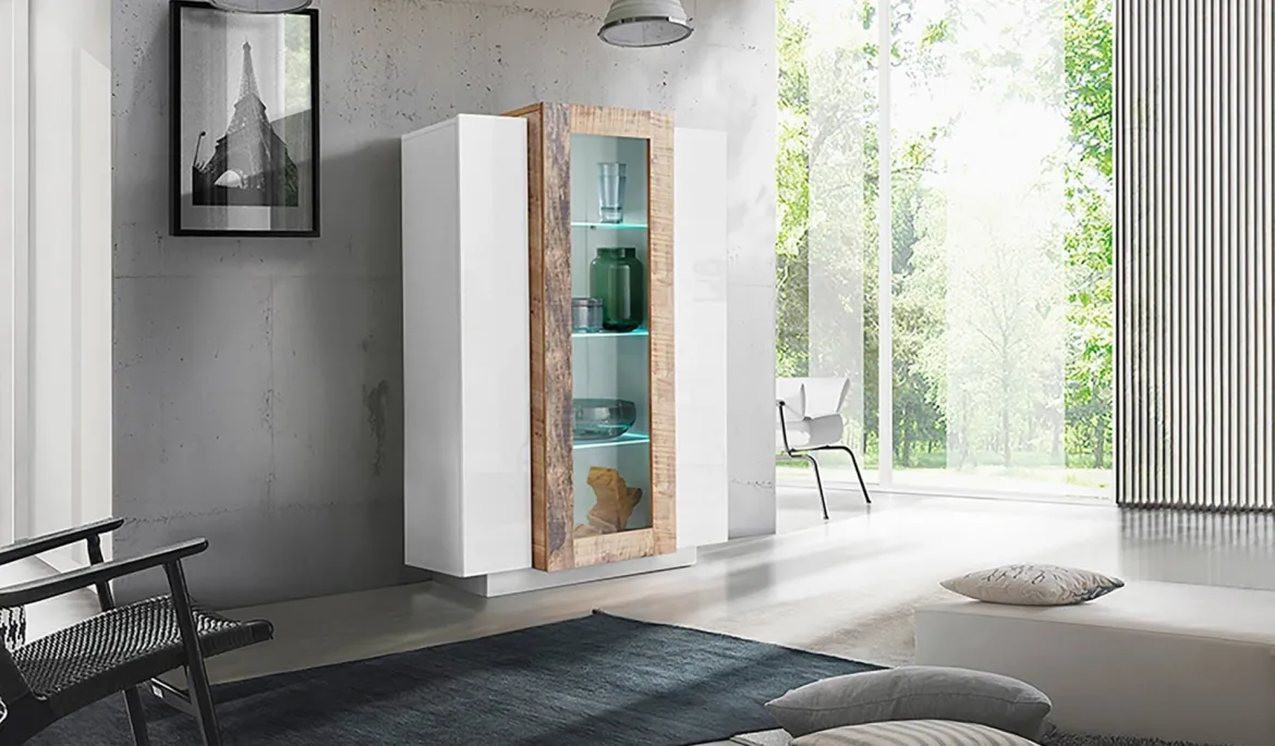 Mobile con vetrina 3 ante salotto 80x38x121h cm bianco lucido e acero - Ablaze