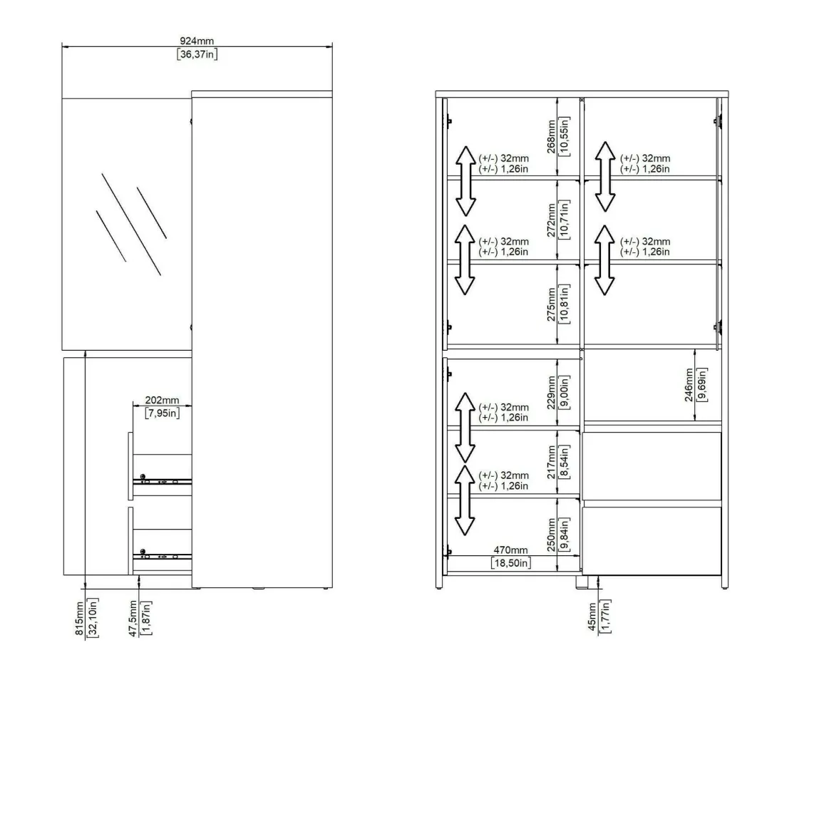 Mobile con vetrina 3 ante 100x48x170h cm rovere e bianco lucido - Reykjavik