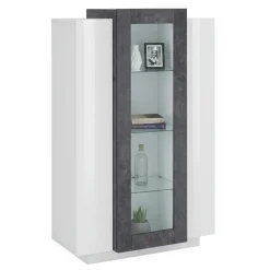 Mobile con vetrina da soggiorno 3 ante 80x38x121h cm bianco lucido e ardesia - Ablaze