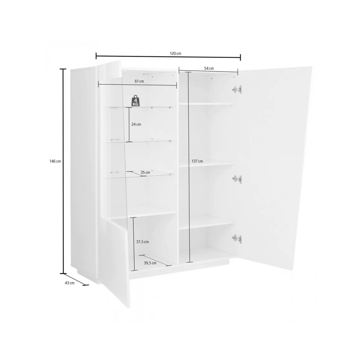 Mobile con vetrina grande 2 ante 120x43x146h cm bianco lucido - Ask