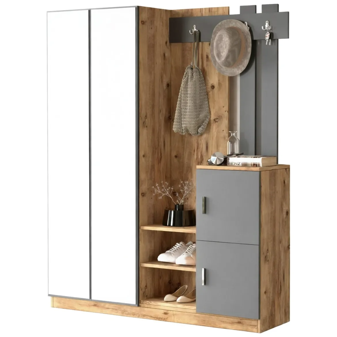 Mobile da ingresso 3 ante con specchio quercia e antracite 147x179h cm - Arcibaldo
