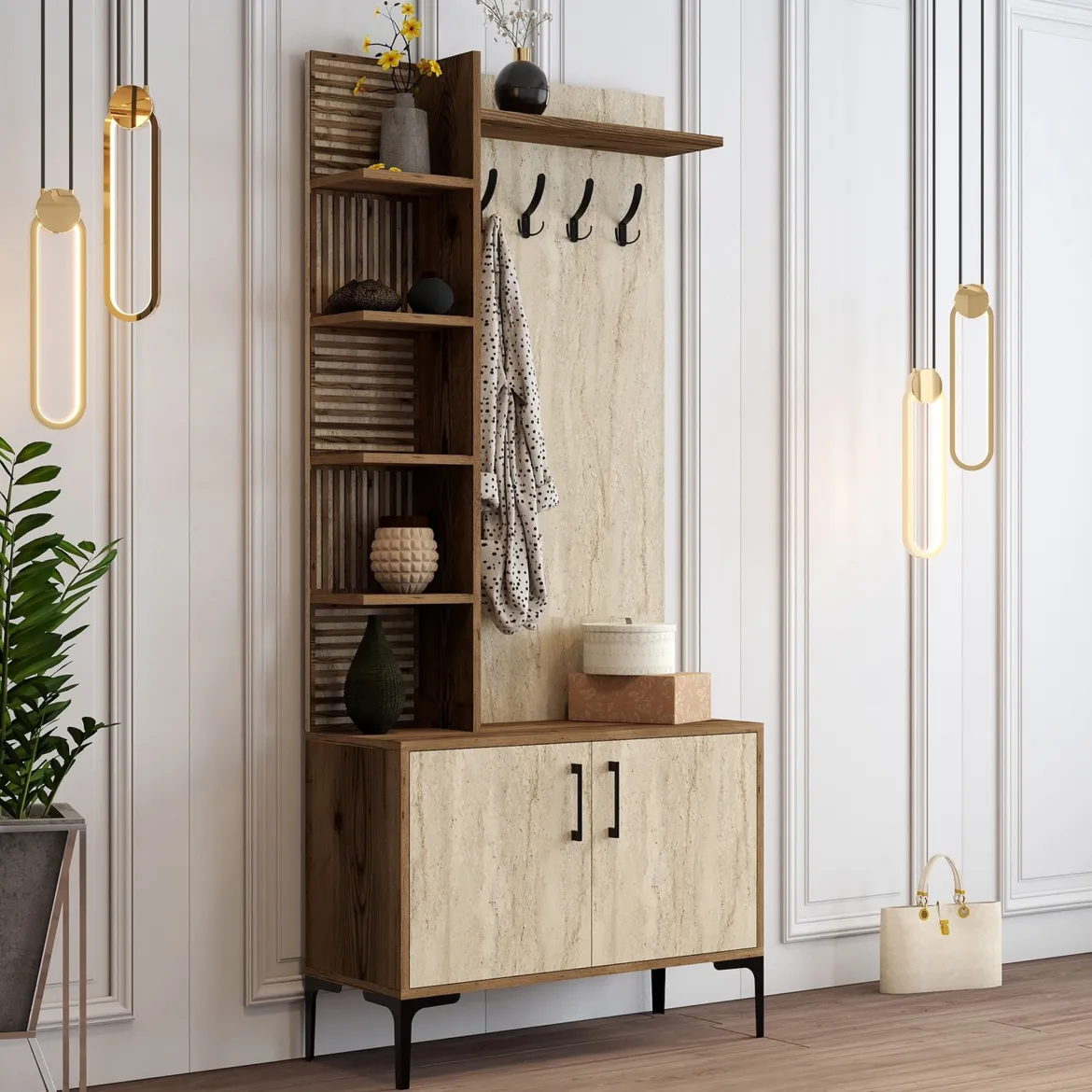 Mobile da Ingresso Beige Marmo Marrone Noce Appendiabiti 7 Ripiani 90x35x200h cm, Apertura Battente - Loceri