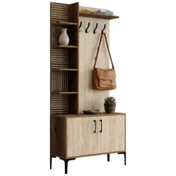 Mobile da Ingresso Beige Marmo Marrone Noce Appendiabiti 7 Ripiani 90x35x200h cm, Apertura Battente - Loceri