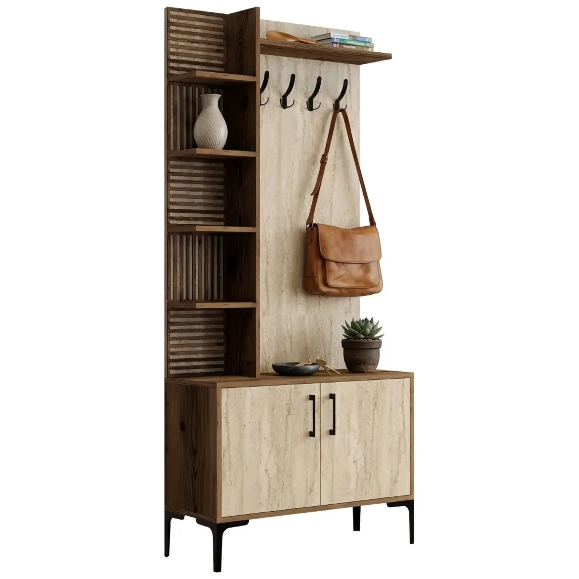 Mobile da Ingresso Beige Marmo Marrone Noce Appendiabiti 7 Ripiani 90x35x200h cm, Apertura Battente - Loceri