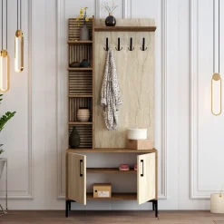 Mobile da Ingresso Beige Marmo Marrone Noce Appendiabiti 7 Ripiani 90x35x200h cm, Apertura Battente - Loceri