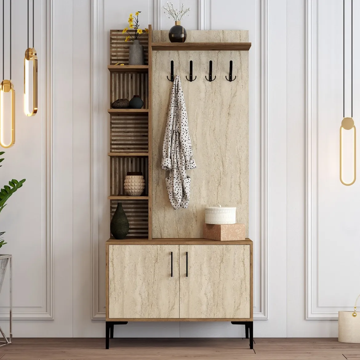 Mobile da Ingresso Beige Marmo Marrone Noce Appendiabiti 7 Ripiani 90x35x200h cm, Apertura Battente - Loceri