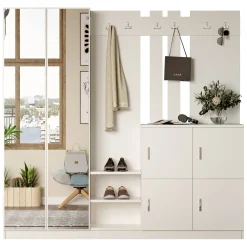 Mobile da Ingresso Beige Specchio Incluso Appendiabiti 187x38x180h cm, 9 Ripiani - Noviglio