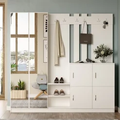 Mobile da Ingresso Beige Specchio Incluso Appendiabiti 187x38x180h cm, 9 Ripiani - Noviglio