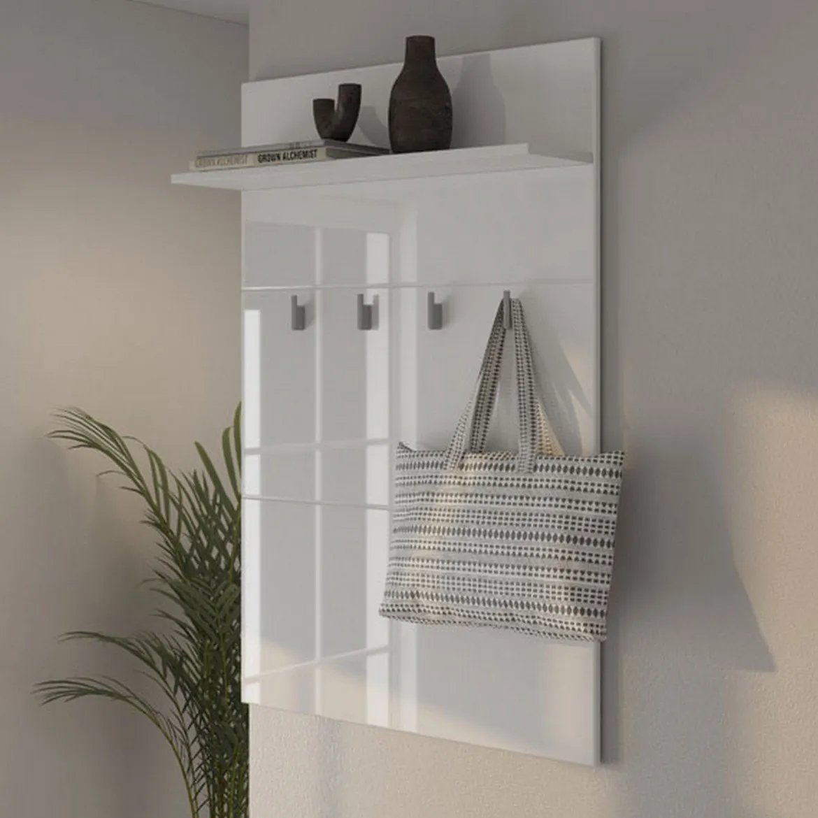 Mobile da Ingresso Bianco Bianco un Ripiano Appendiabiti 76x19.5x114h cm, Installazione Sospeso - Valdemone