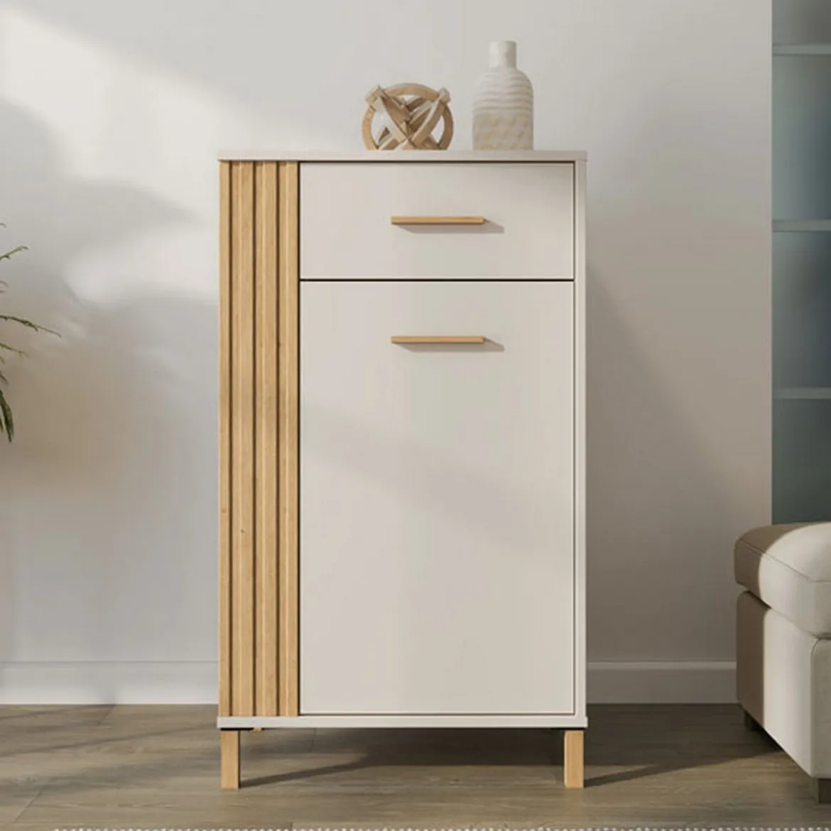 Mobile da Ingresso Bianco Crema Nero un Cassetto 2 Ripiani 51.5x35x98h cm, Un'anta - Trevi