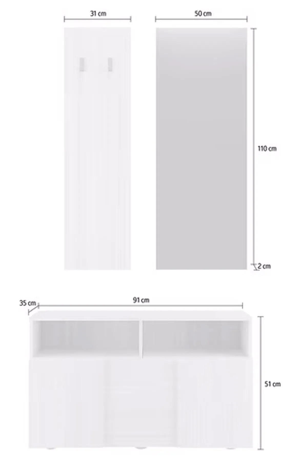 Mobile da Ingresso Bianco Fantasia Specchio Incluso 4 Paia 91x36x165h cm, 2 Ripiani - Riano