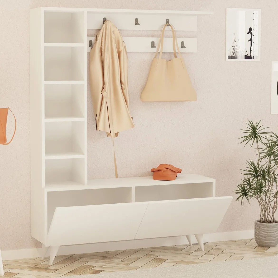 Mobile da Ingresso Bianco Grigio Appendiabiti 6 Ripiani 120x32x162h cm, Apertura a Ribalta - Gordona