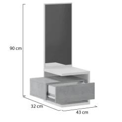 Mobile da Ingresso Bianco Grigio Cemento Specchio Incluso un Cassetto 43x32x90h cm, Installazione Sospesa - Tesero