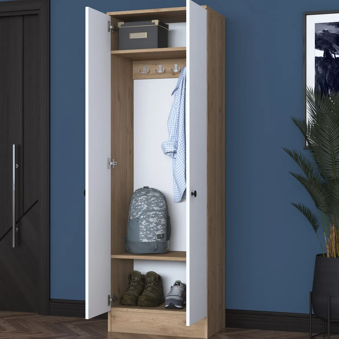 Mobile da Ingresso Bianco Marrone Noce 2 Ripiani Appendiabiti 60x38x183h cm, 2 Ante - Tursi