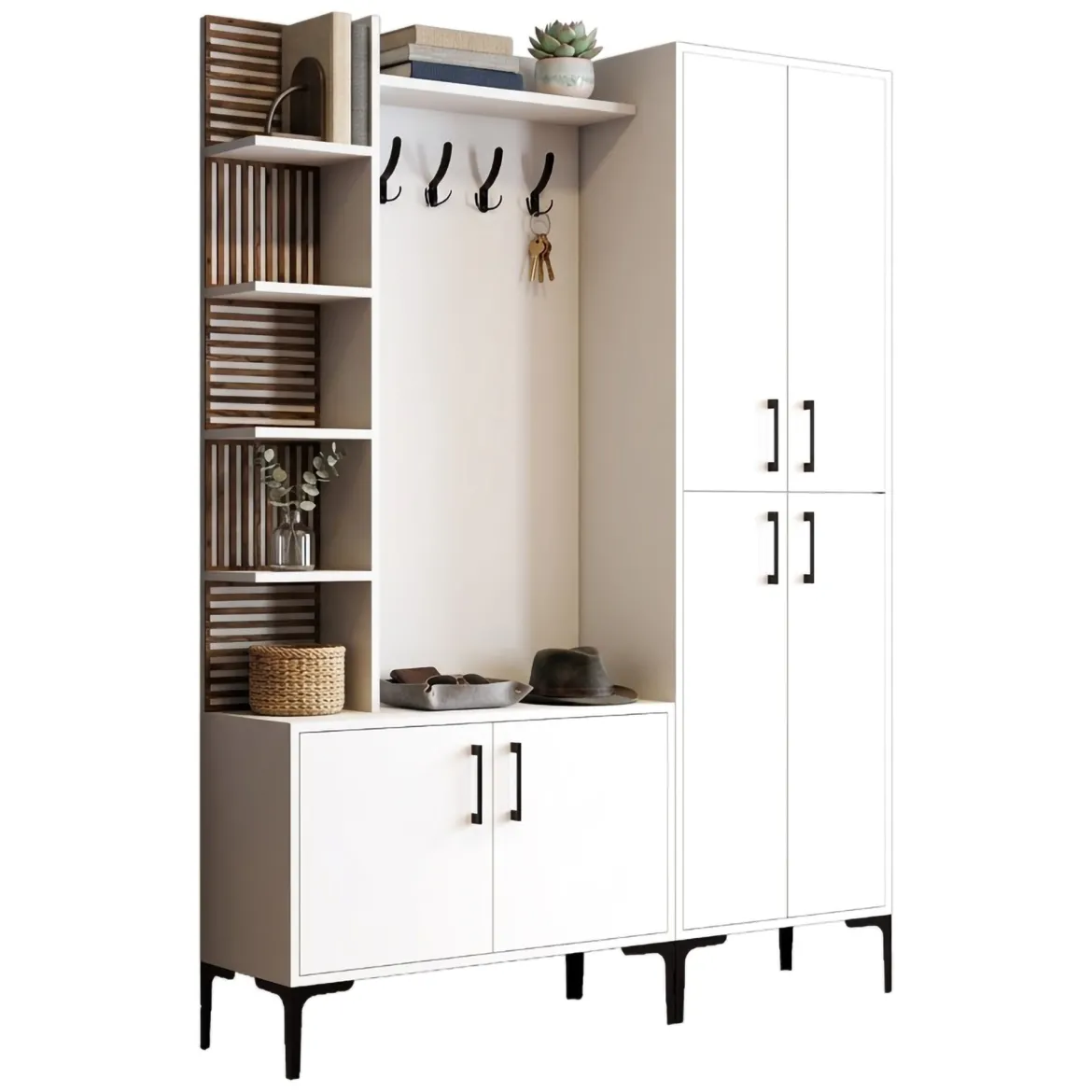 Mobile da Ingresso Bianco Marrone Noce Appendiabiti 13 Ripiani 150x35x202h cm, Apertura Battente - Paludi