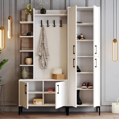 Mobile da Ingresso Bianco Marrone Noce Appendiabiti 13 Ripiani 150x35x202h cm, Apertura Battente - Paludi