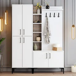Mobile da Ingresso Bianco Marrone Noce Appendiabiti 13 Ripiani 150x35x202h cm, Apertura Battente - Paludi