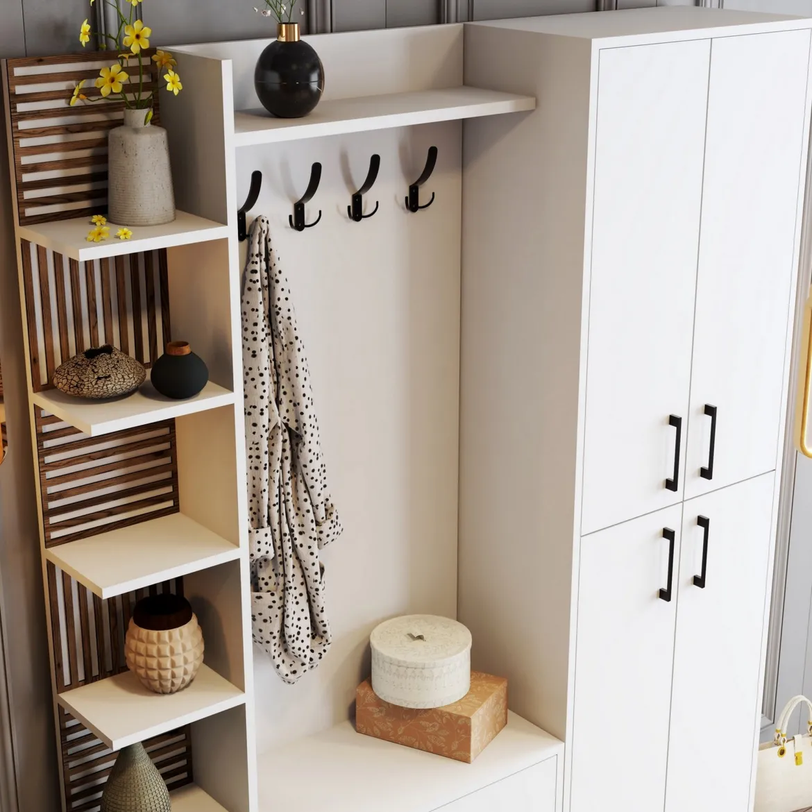 Mobile da Ingresso Bianco Marrone Noce Appendiabiti 13 Ripiani 150x35x202h cm, Apertura Battente - Paludi