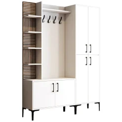Mobile da Ingresso Bianco Marrone Noce Appendiabiti 13 Ripiani 150x35x202h cm, Apertura Battente - Paludi