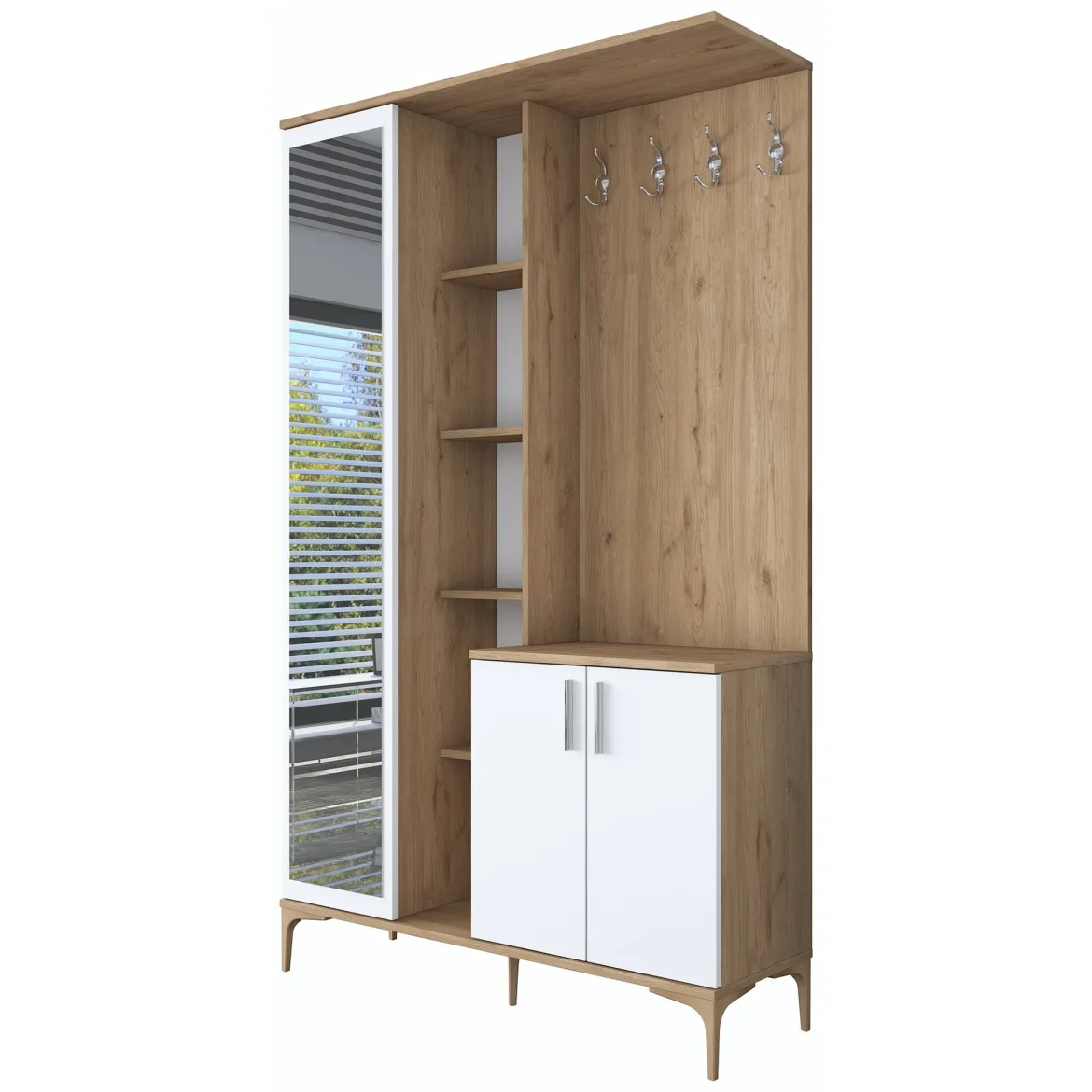 Mobile da Ingresso Bianco Marrone Noce Specchio Incluso Appendiabiti 120x38x199h cm, 11 Ripiani - Priero