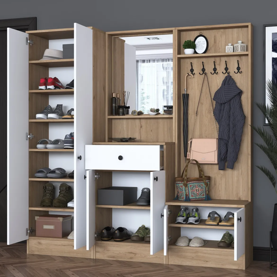 Mobile da Ingresso Bianco Marrone Noce Specchio Incluso Appendiabiti 179x38x183h cm, 8 Ripiani - Riace