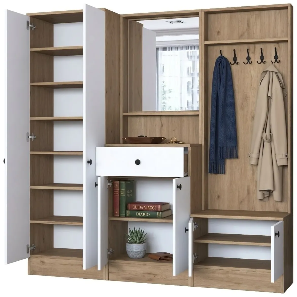 Mobile da Ingresso Bianco Marrone Noce Specchio Incluso Appendiabiti 179x38x183h cm, 8 Ripiani - Riace