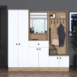 Mobile da Ingresso Bianco Marrone Noce Specchio Incluso Appendiabiti 179x38x183h cm, 8 Ripiani - Riace