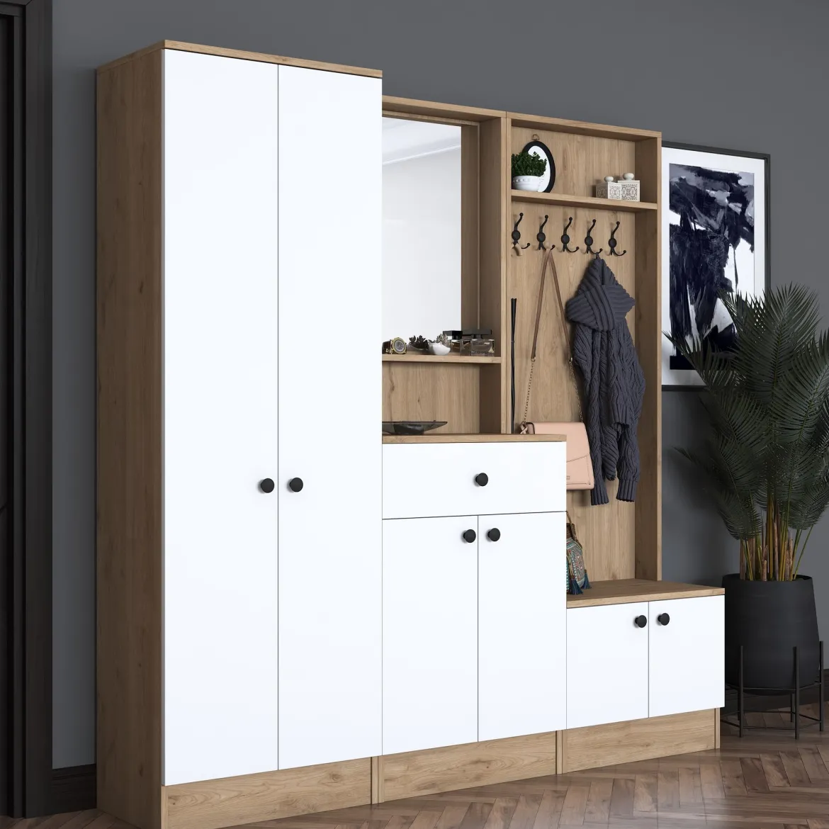 Mobile da Ingresso Bianco Marrone Noce Specchio Incluso Appendiabiti 179x38x183h cm, 8 Ripiani - Riace