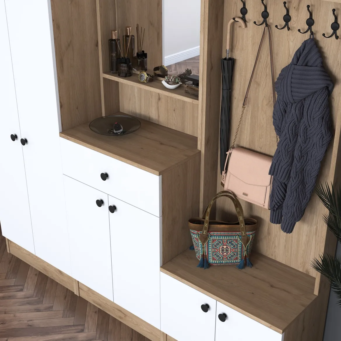 Mobile da Ingresso Bianco Marrone Noce Specchio Incluso Appendiabiti 179x38x183h cm, 8 Ripiani - Riace