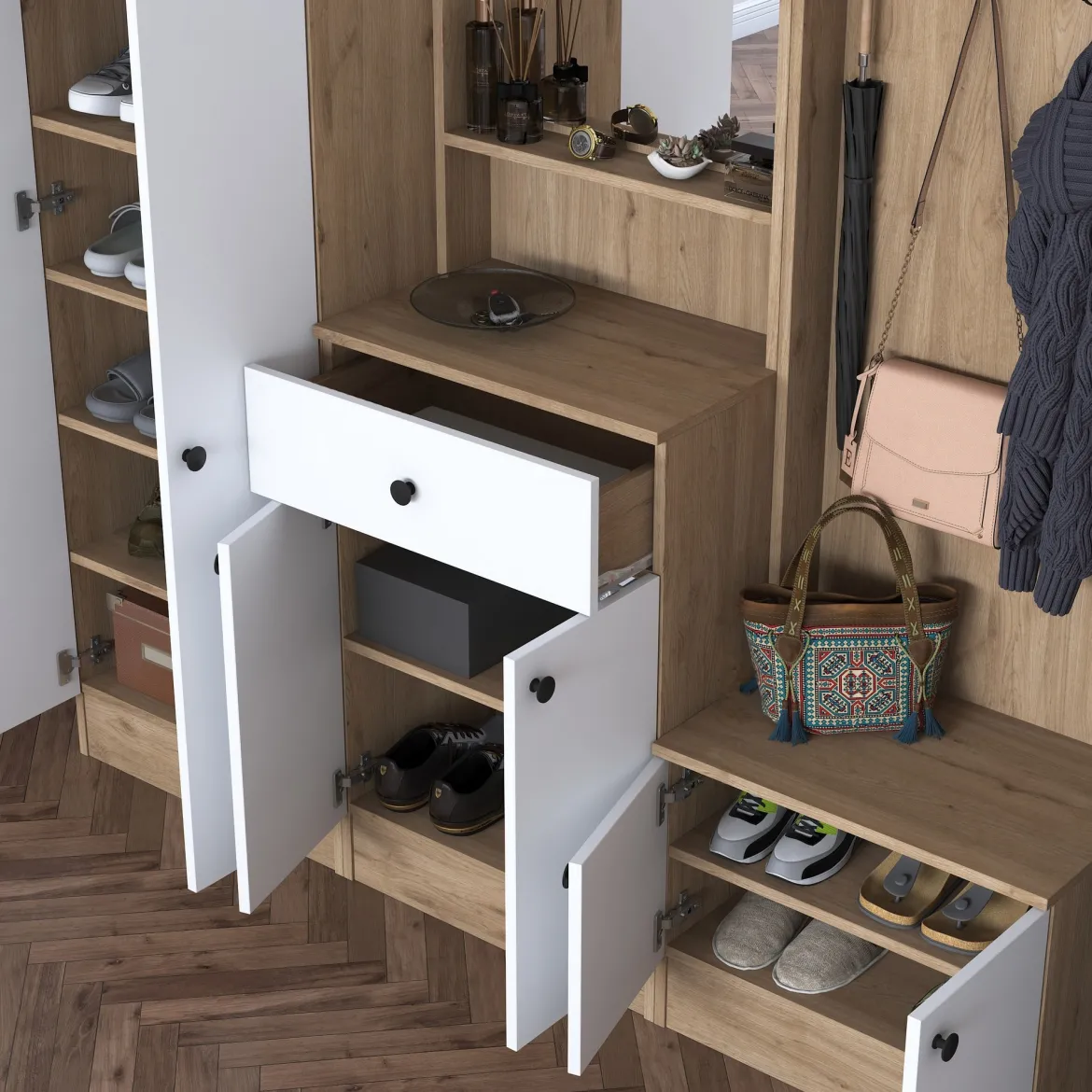 Mobile da Ingresso Bianco Marrone Noce Specchio Incluso Appendiabiti 179x38x183h cm, 8 Ripiani - Riace