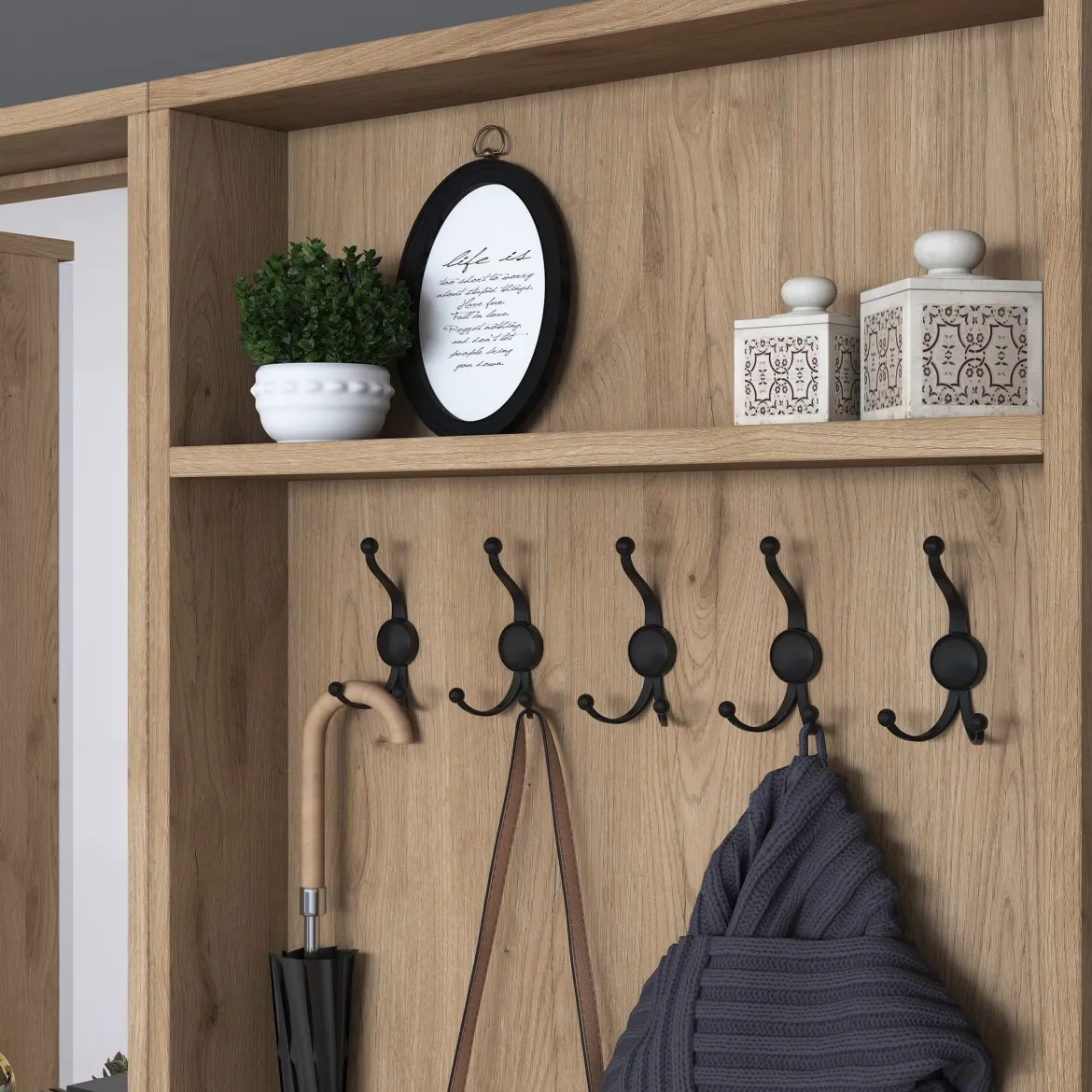 Mobile da Ingresso Bianco Marrone Noce Specchio Incluso Appendiabiti 179x38x183h cm, 8 Ripiani - Riace