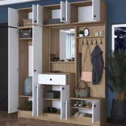 Mobile da Ingresso Bianco Marrone Noce Specchio Incluso Appendiabiti 179x38x226h cm, 11 Ripiani - Torpe