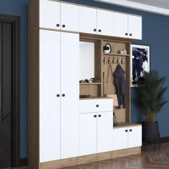 Mobile da Ingresso Bianco Marrone Noce Specchio Incluso Appendiabiti 179x38x226h cm, 11 Ripiani - Torpe