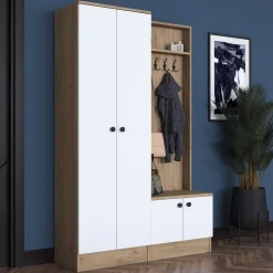 Mobile da Ingresso Bianco Marrone Rovere 6 Ripiani Appendiabiti 120x22x37h cm, Modulabile - Orte