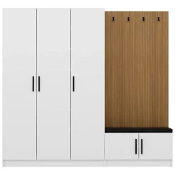 Mobile da Ingresso Bianco Marrone Rovere 7 Ripiani Appendiabiti 225x35x210h cm, 5 Ante - Tolfa