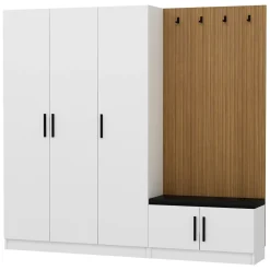 Mobile da Ingresso Bianco Marrone Rovere 7 Ripiani Appendiabiti 225x35x210h cm, 5 Ante - Tolfa