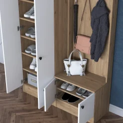 Mobile da Ingresso Bianco Marrone Rovere 9 Ripiani Appendiabiti 120x38x183h cm, 4 Ante - Osilo