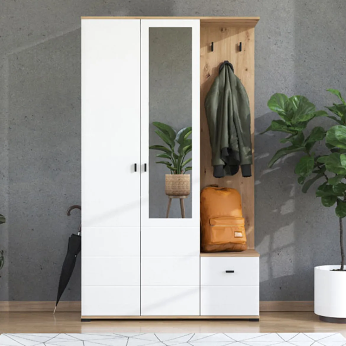 Mobile da Ingresso Bianco Marrone Rovere Nodi Specchio Incluso un Cassetto 82x30x16h cm, un Ripiano - Ingria