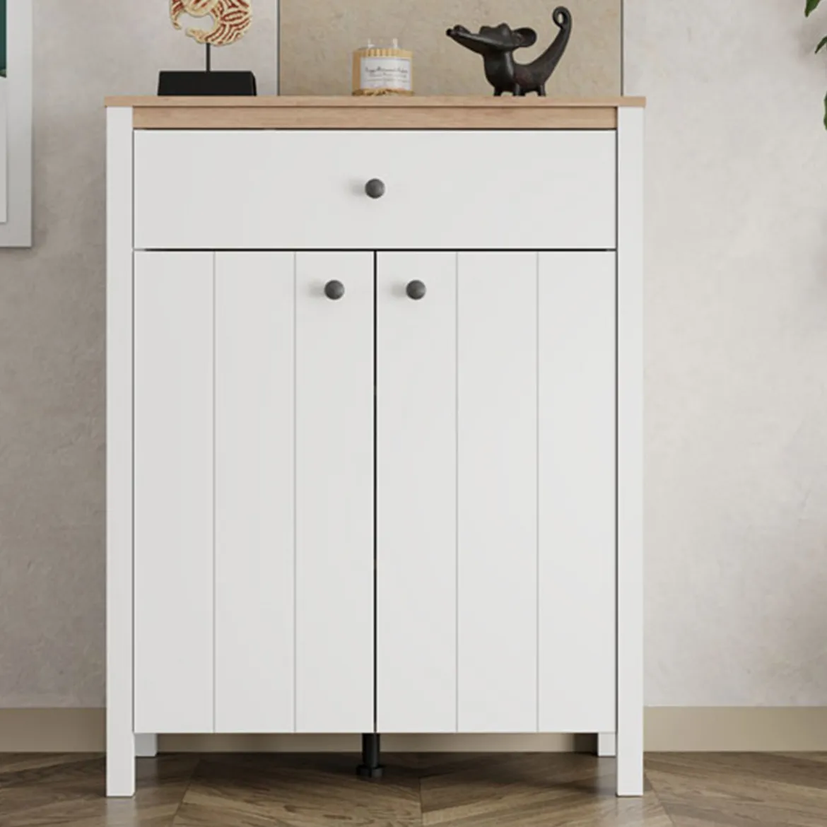 Mobile da Ingresso Bianco Marrone Rovere Specchio Incluso 5 Ripiani 120x40x45h cm, Appendiabiti - Crespino