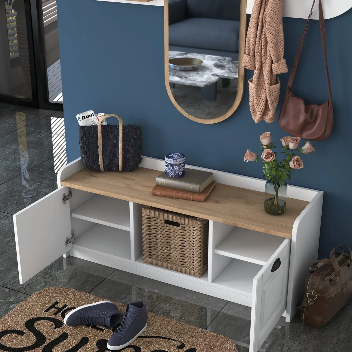 Mobile da Ingresso Bianco Marrone Rovere Specchio Incluso 5 Ripiani 120x40x45h cm, Appendiabiti - Crespino