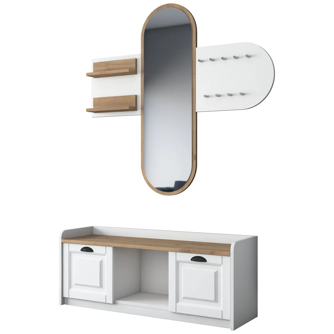 Mobile da Ingresso Bianco Marrone Rovere Specchio Incluso 5 Ripiani 120x40x45h cm, Appendiabiti - Crespino
