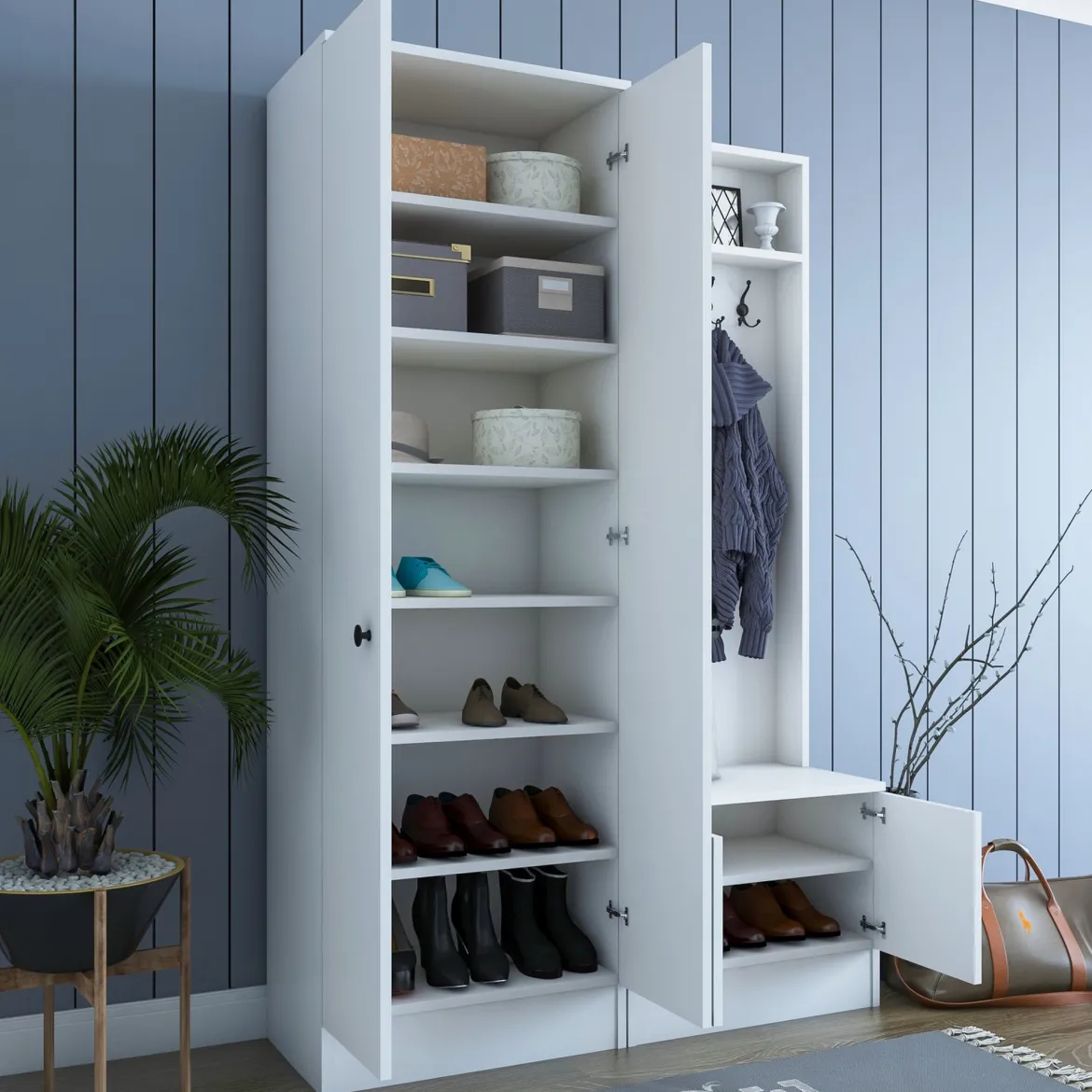 Mobile da Ingresso Bianco Nero 5 Ripiani Appendiabiti 120x37x183h cm, 4 Ante - Grue