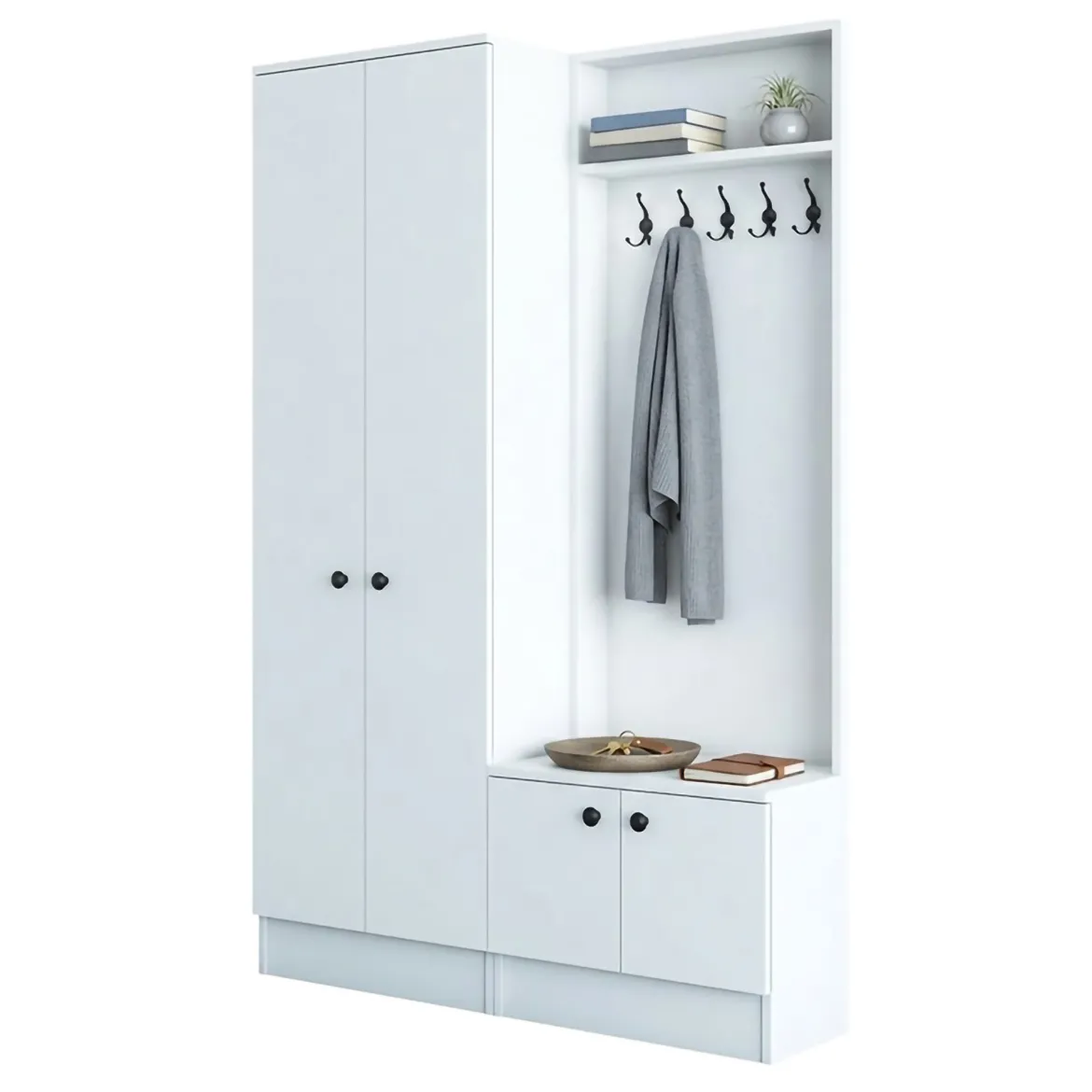 Mobile da Ingresso Bianco Nero 5 Ripiani Appendiabiti 120x37x183h cm, 4 Ante - Grue
